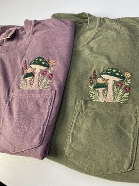 Embroidered cotton comfort colors mushroom and snail pocket tshirt